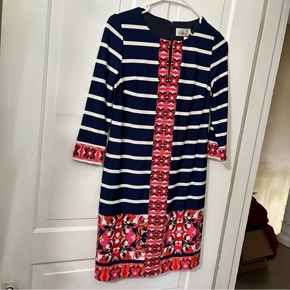 Eliza J Navy Blue Striped Floral Dress 2P 2 Petite O2 - Picture 2 of 7